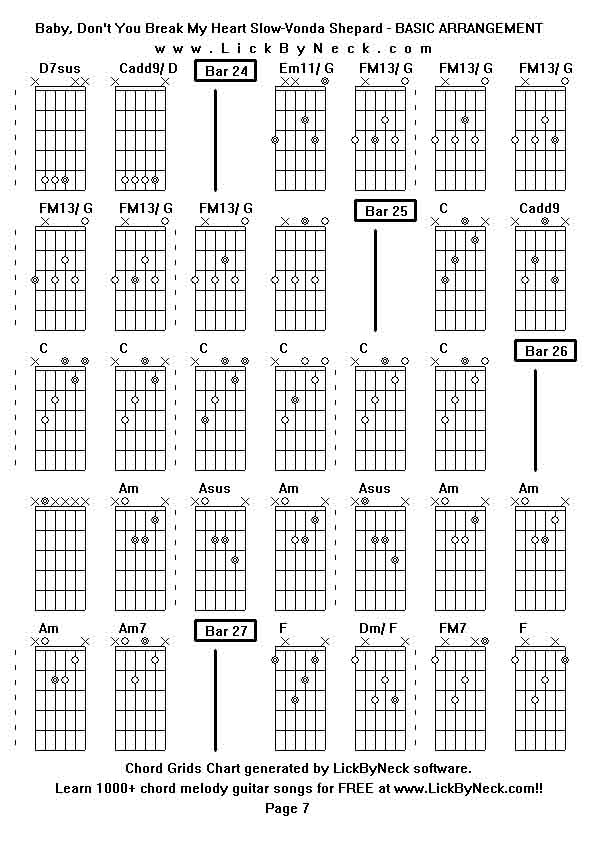 Chord Grids Chart of chord melody fingerstyle guitar song-Baby, Don't You Break My Heart Slow-Vonda Shepard - BASIC ARRANGEMENT,generated by LickByNeck software.